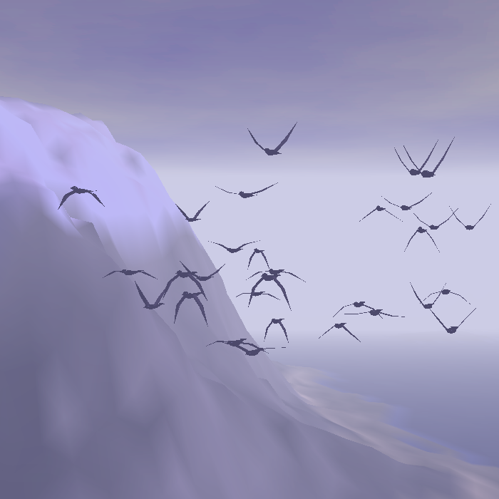 Low-polygon rendering of some birds near a mountain